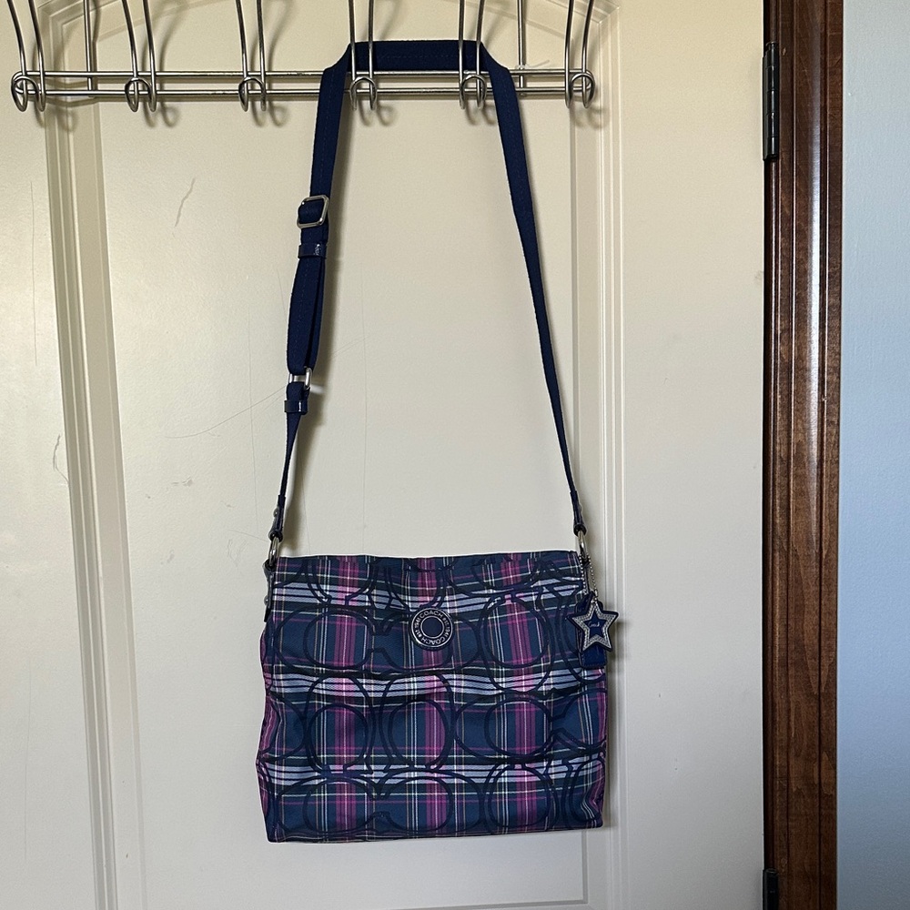 Coach Navy and Pink Plaid Crossbody Bag